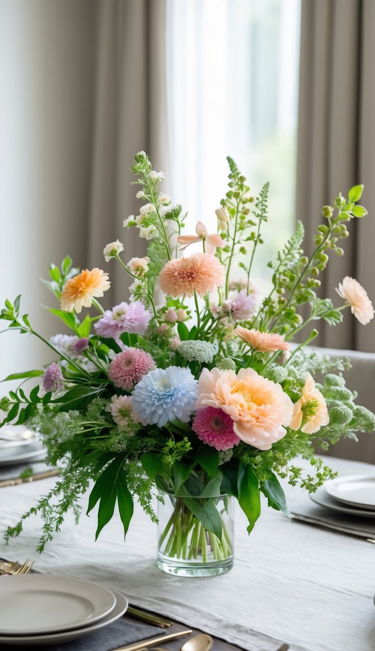 A fresh seasonal flower arrangement in a clear low vase on a dining table.
